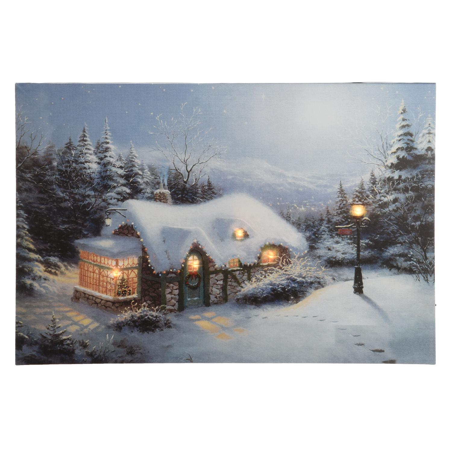 Декор Картина Зимняя деревня 28х38см с мерцающими огоньками 2 батарейки АА 5диодов LED indoor 2 в ассорт