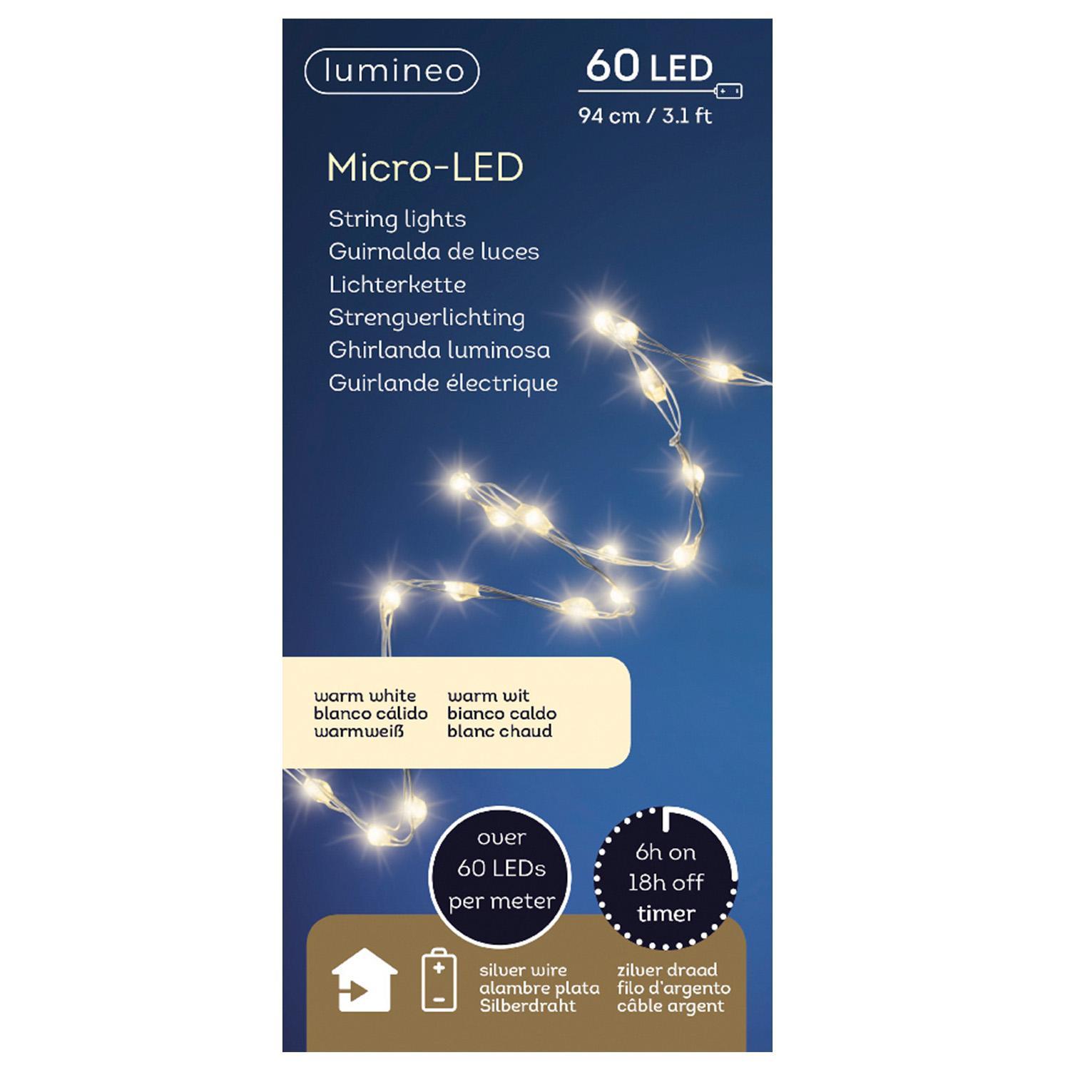 Гирлянда нить     0,94м теплобелая 3 батарейки АА 6ч таймер 60диодов LED MICRO indoor