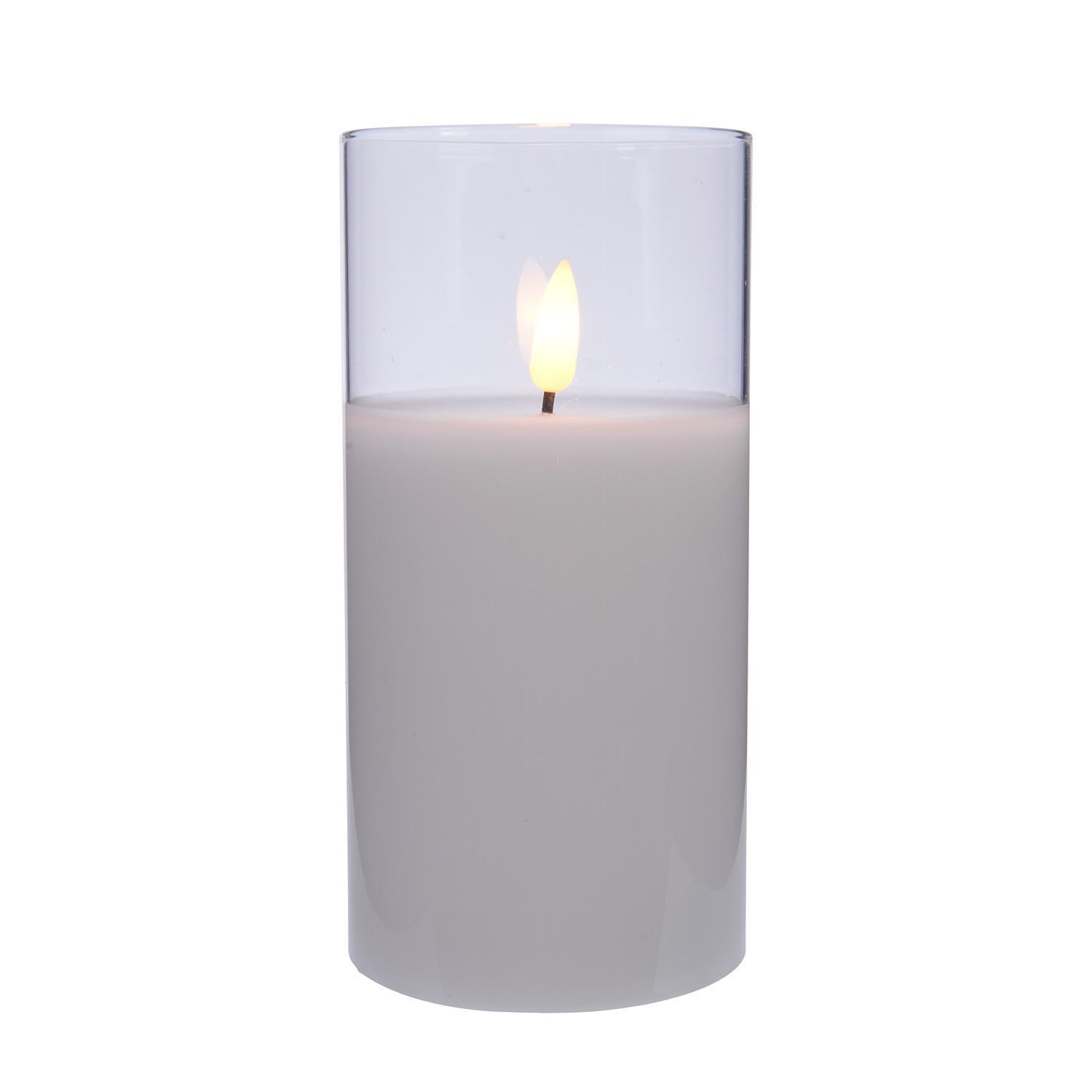 Свеча светильник LED восковая d7,5х15см белая в прозрачном стекле батарейки 2хАА 6ч таймер indoor