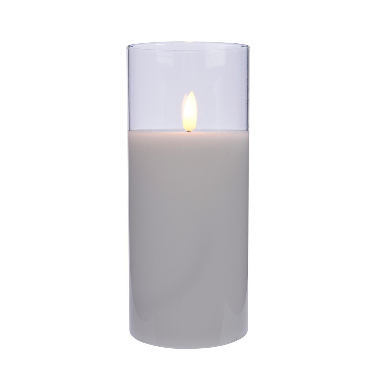 Свеча светильник LED восковая d7,5х17,5см белая в прозрачном стекле батарейки 2хАА 6ч таймер indoor