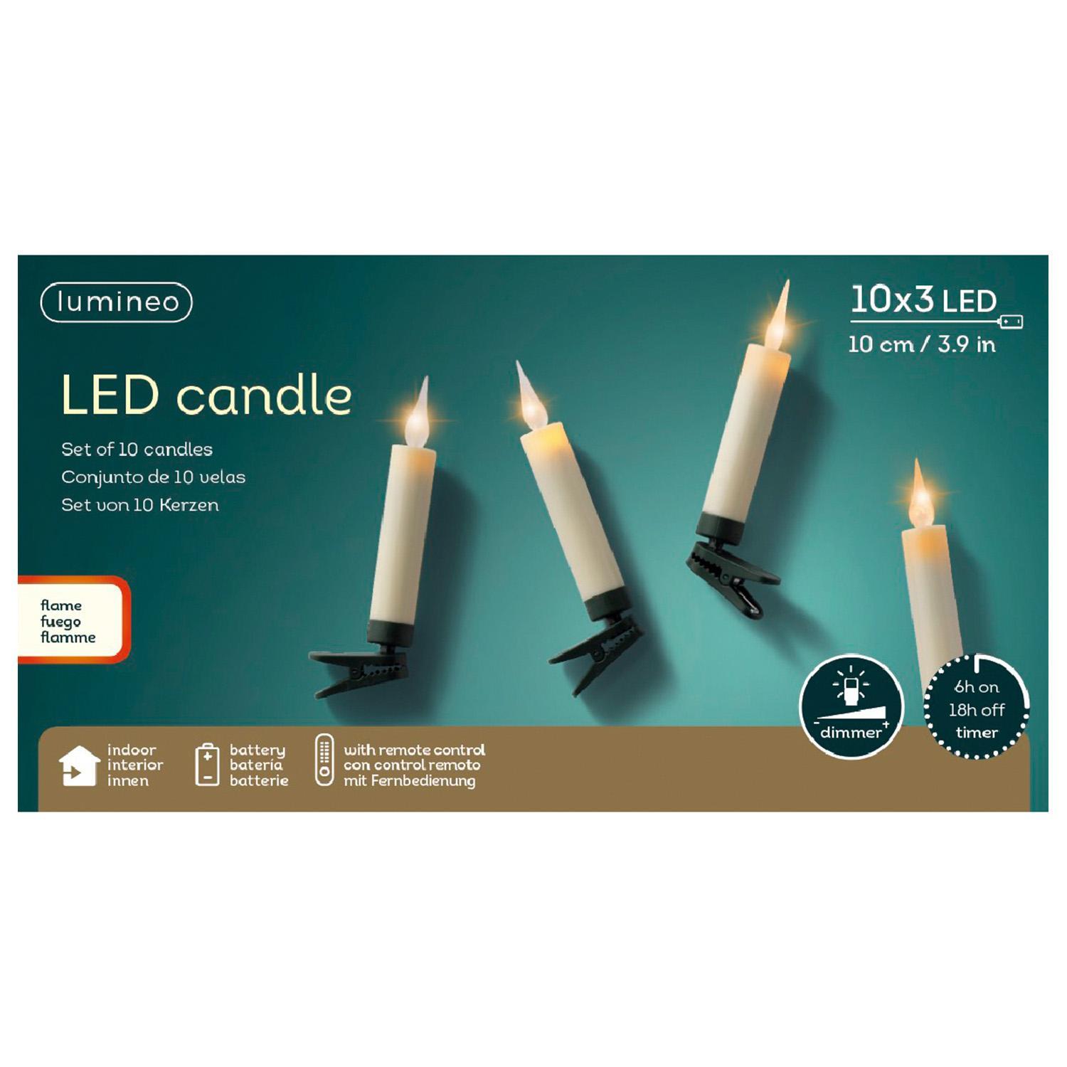 Гирлянда Свечи теплобелая без кабеля на клипсе 10,5см с эффектом пламени на батарейках ААА с пультом ДУ 6ч таймер диммер indoor 10 шт/уп