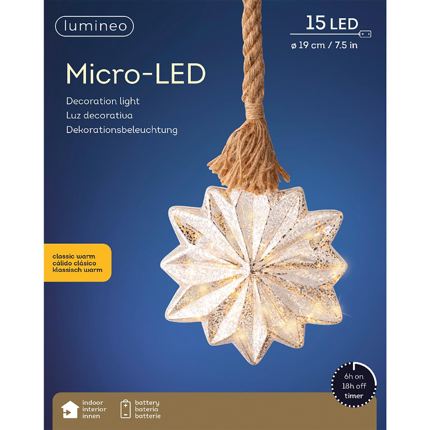 Декорация светодиодная Звезда серебристая 3 батарейки АА таймер 6/18ч d19х25см кабель 1,0м 15LED MICRO теплая IP-20 indoor