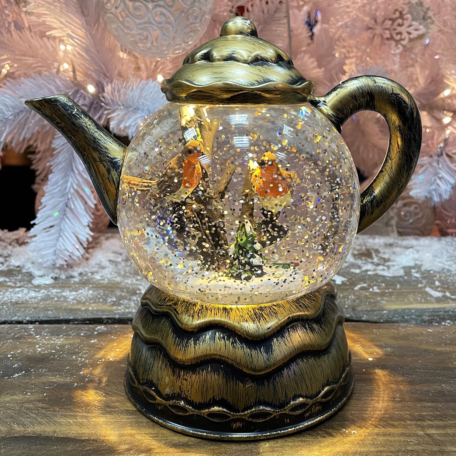 Декорация Чайник с птицами снежный 18x18x12cм 3 батарейки АА теплобелый 2LED indoor