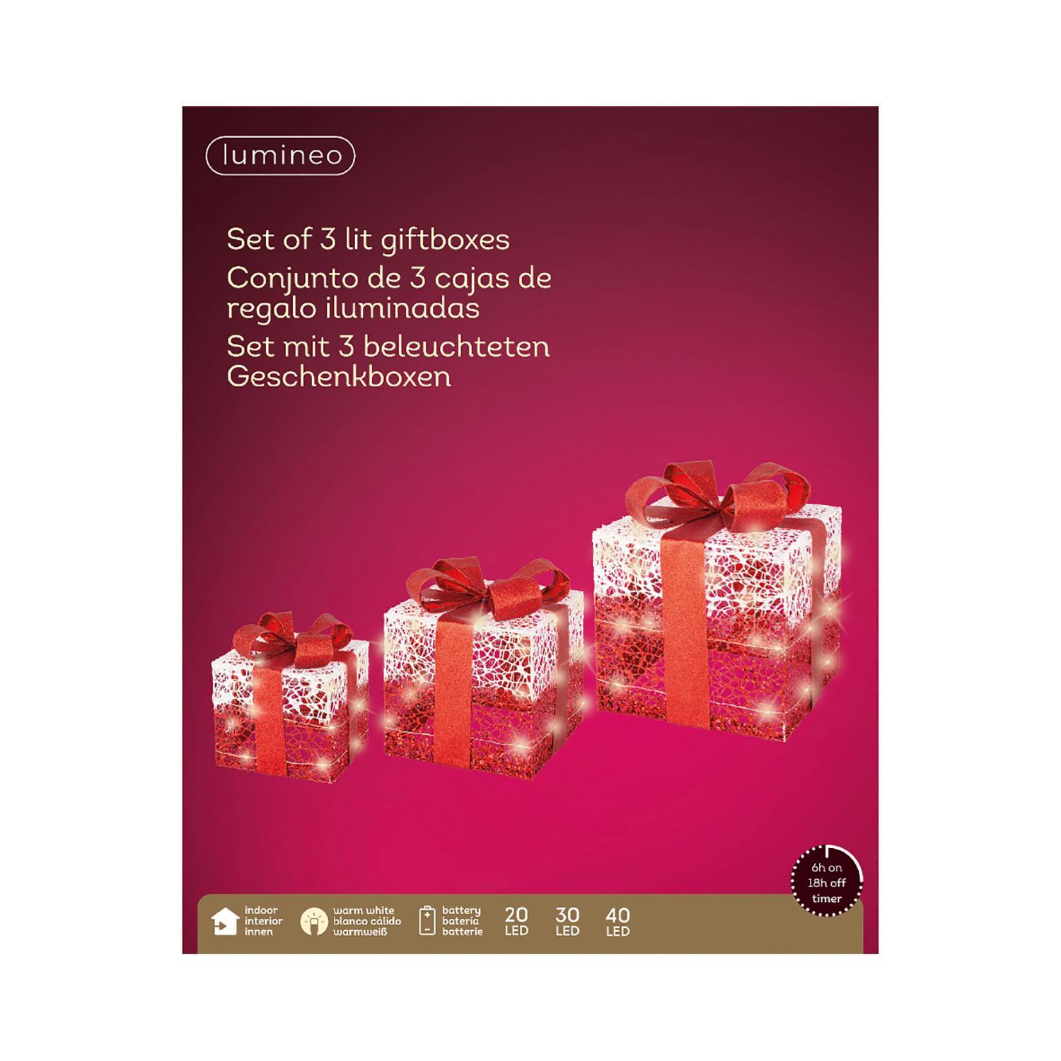 Декорация Подарки бело-красные с красным бантом 3 батарейки АА таймер 6/18ч 15х15х18/20х20х25/25х25х30см 30LED MICRO теплобелая IP-20 indoor