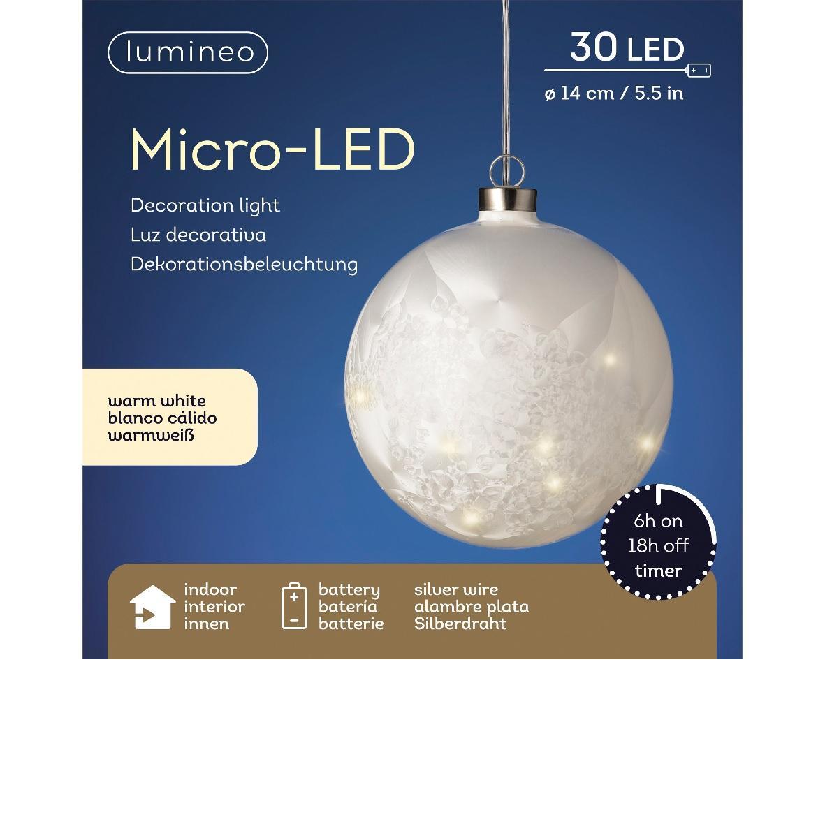 Шар стекло светодиодный заледенелый/теплобелый d14см на батарейках