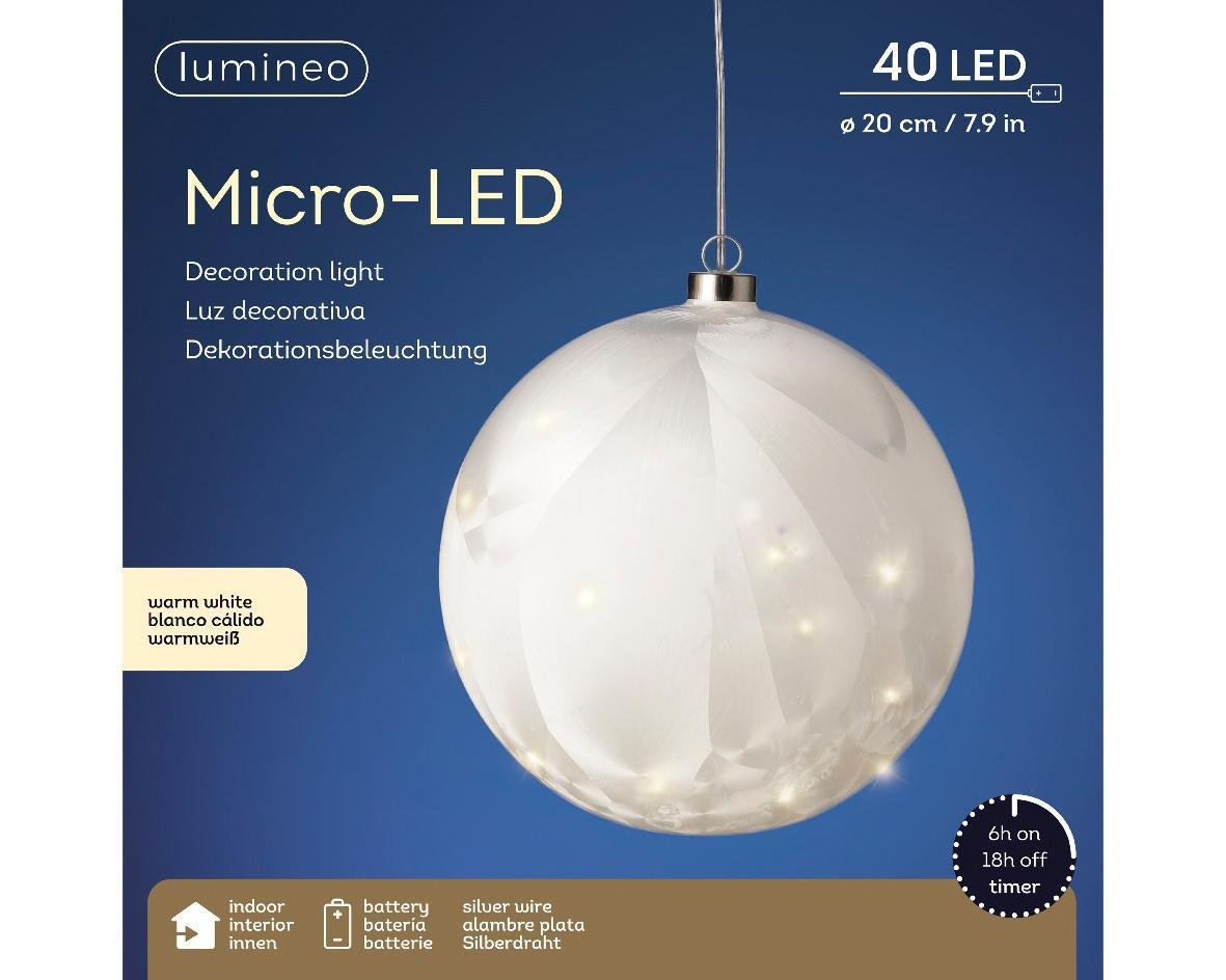 Шар стекло светодиодный заледенелый/теплобелый d20см на батарейках