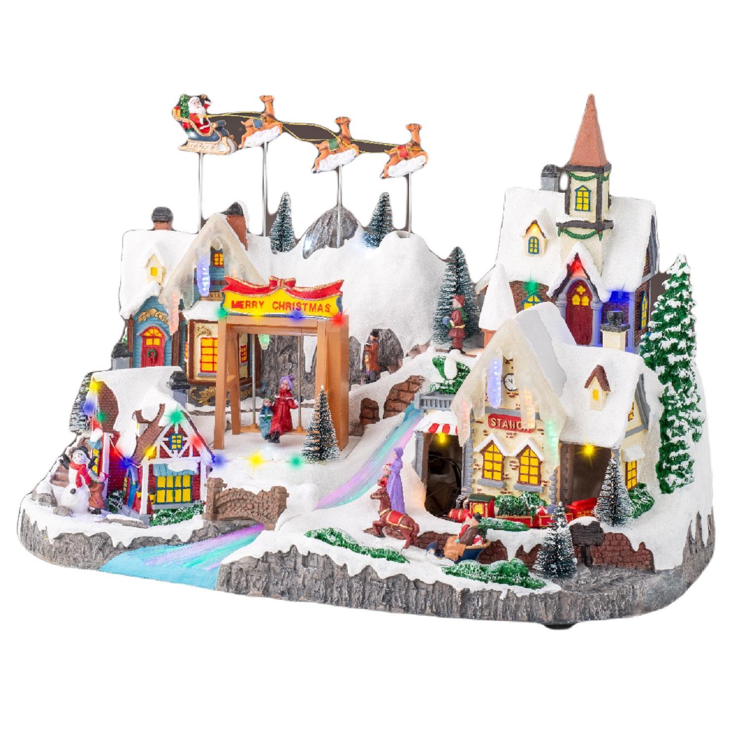 Декорация Деревня рождественская с качелями и оленьей упряжкой Санты музыкальная 50х29х34см кабель 1,8м 92LED теплобелая IP-20 indoor