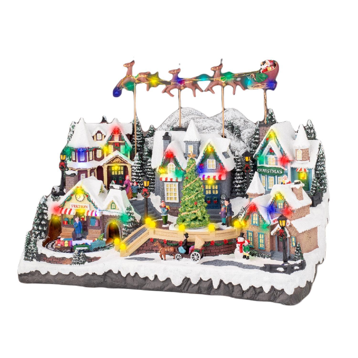 Декорация Деревня рождественская с поездом и оленьей упряжкой Санты музыкальная 55х32х37см кабель 1,8м 52LED теплобелая IP-20 indoor