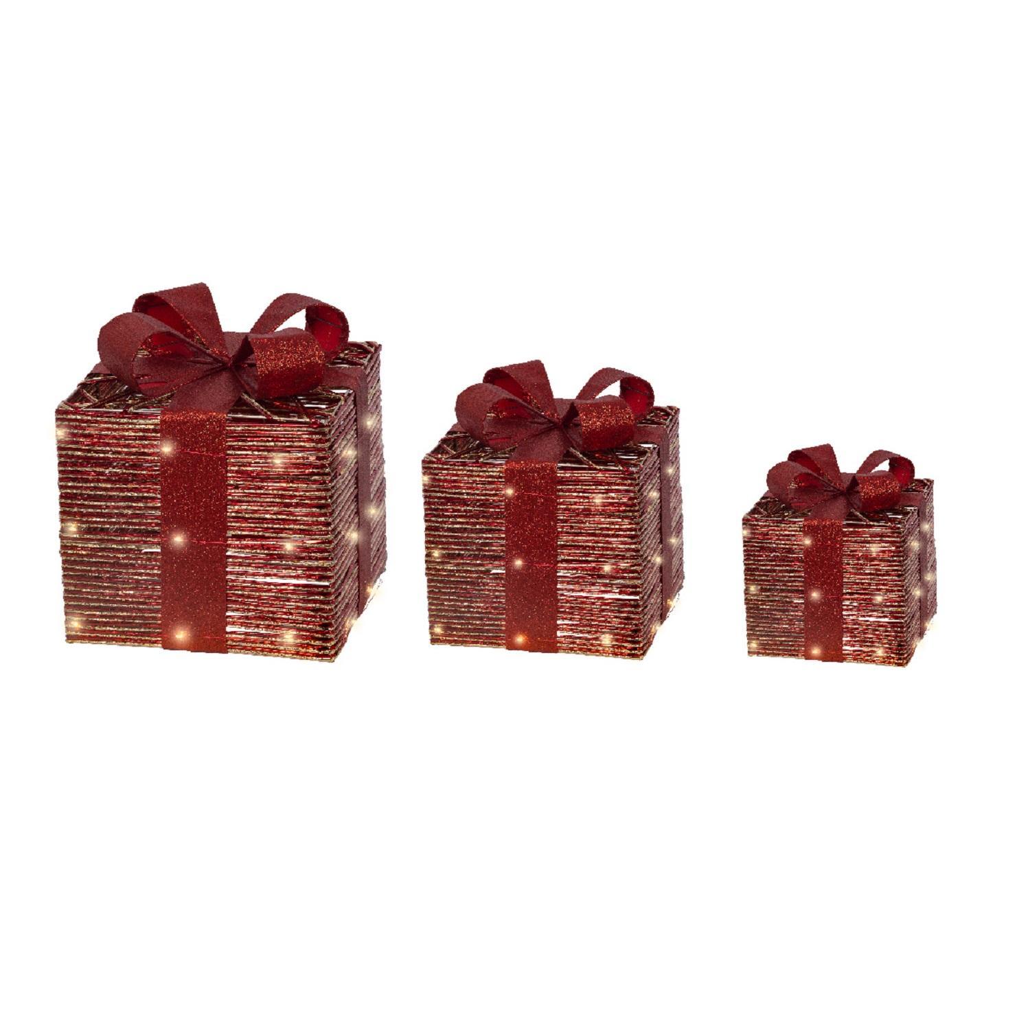 Декорация Подарки красные с красным бантом 7 батареек АА таймер 6/18ч 15х15х20/20х20х25/25х25х30см 30LED MICRO теплобелая IP-20 indoor
