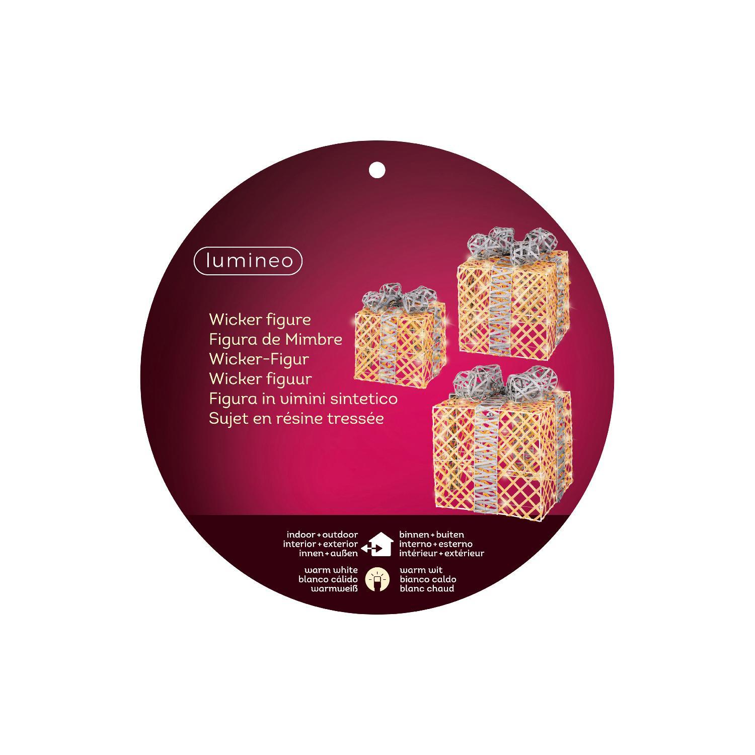 Декорация Подарки золотистые с серебристым бантом плетеный каркас 20х20х25/25х25х30/30х30х35см кабель 5м 130LED MICRO теплобелая IP-44 indoor/outdoor