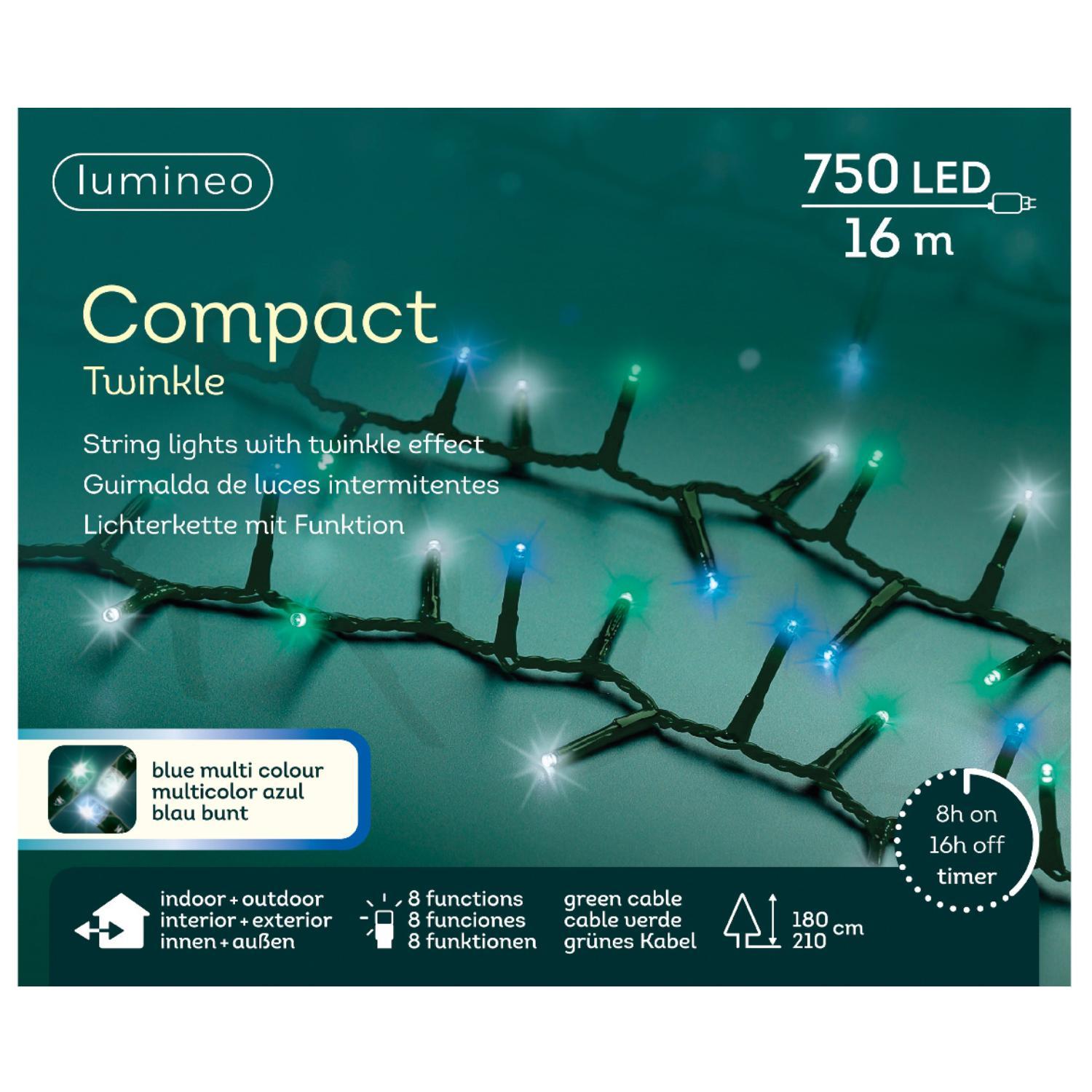 Гирлянда цепочка 16м зеленый/белый/синий/бирюзовый 8 функций таймер 8/16ч  750LED IP-44 indoor/outdoor