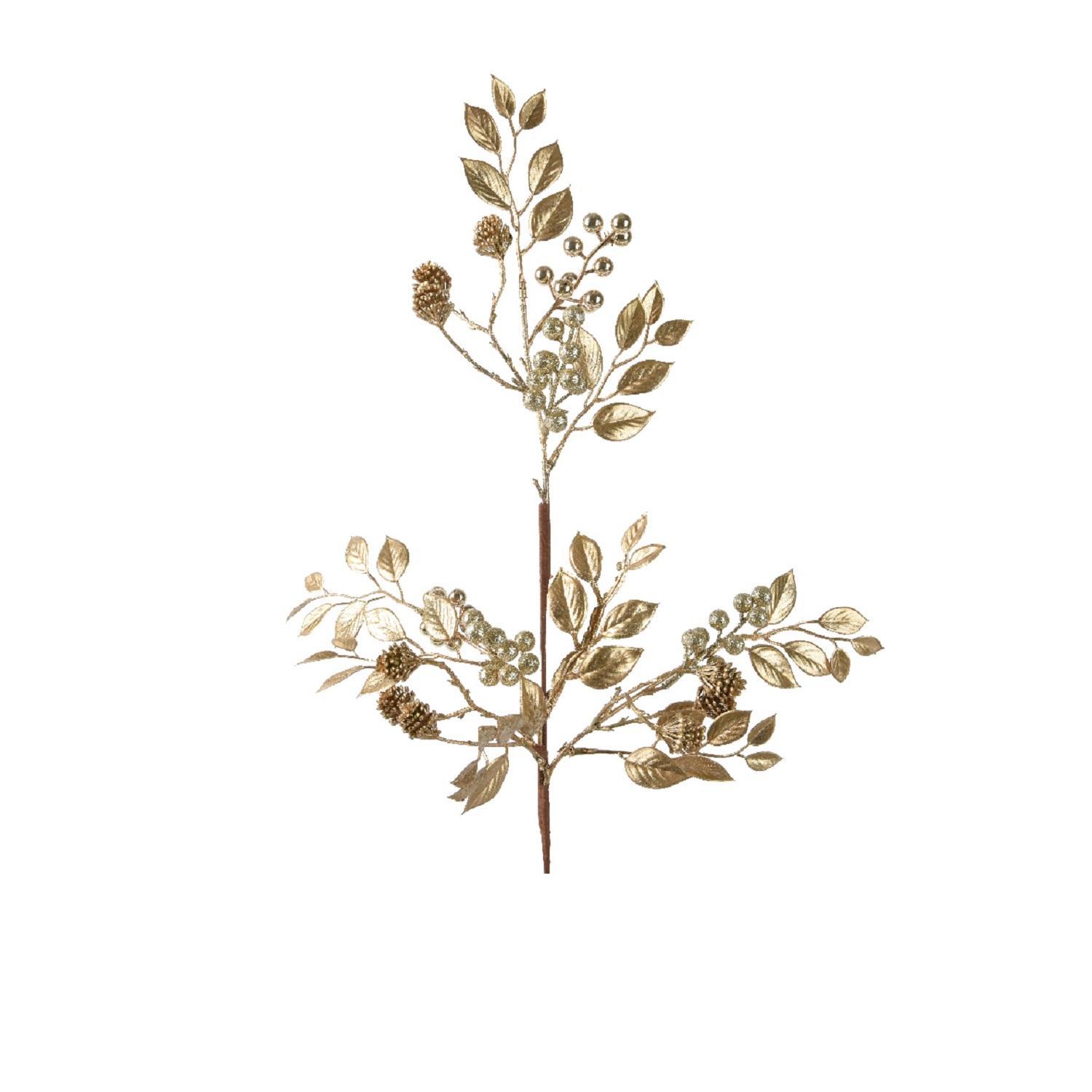 Веточка декоративная  68см золотистая с ягодами и шишками