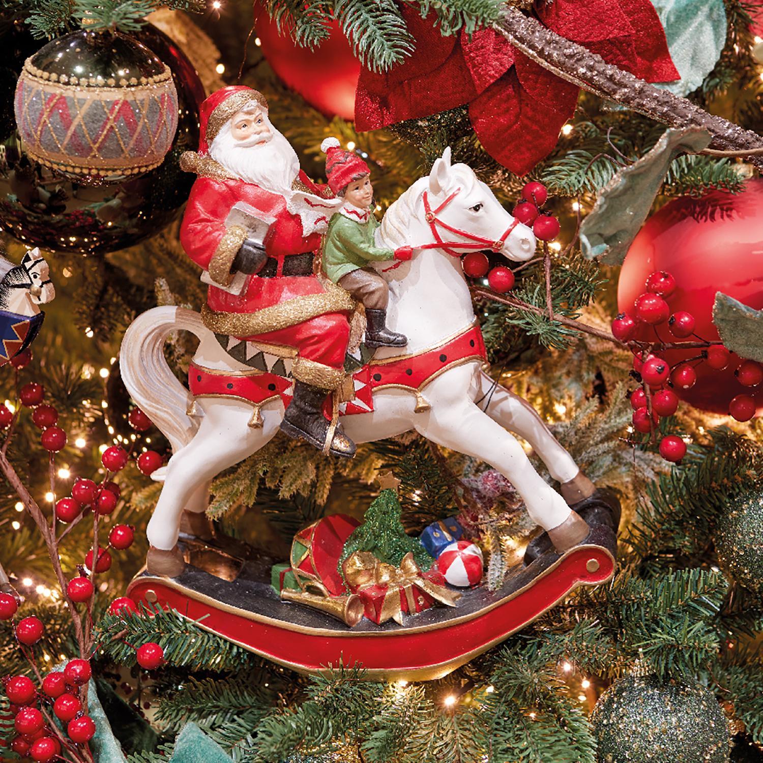 Декорация Санта в красном с мальчиком на белой лошадке-качалке 29х11х34