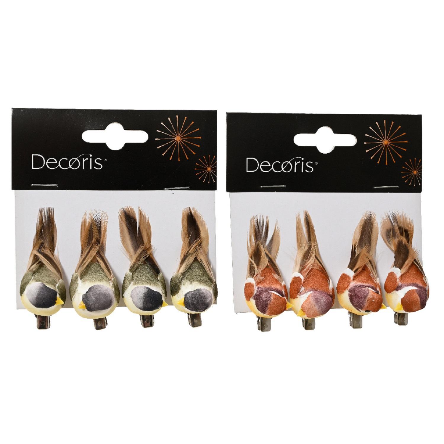 Декор Птички из утиного пера коричневая/зеленая 2,5х5,5х2см на клипсе 4шт/уп 2 в ассорт