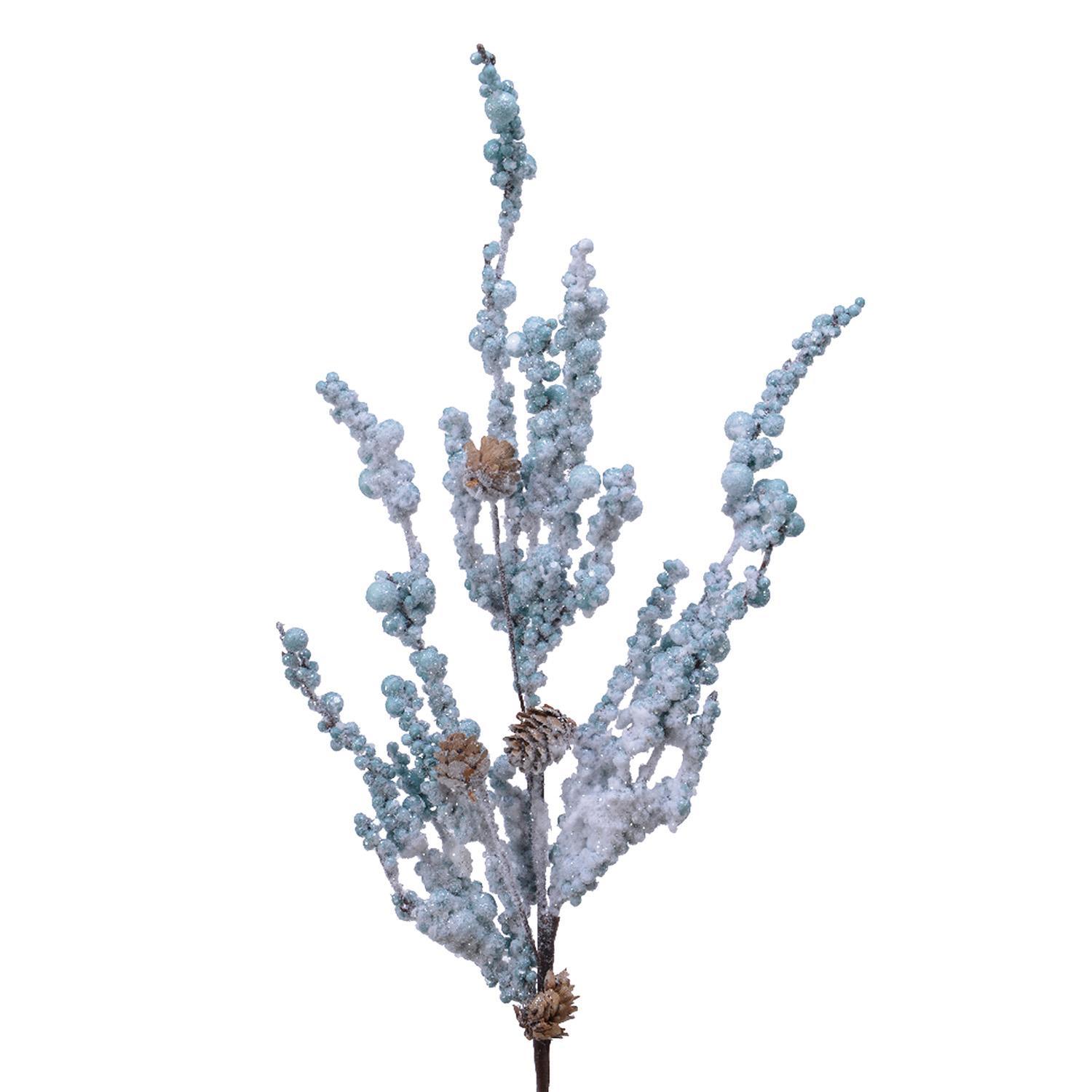 Веточка декоративная  60см с голубыми заснеженными ягодами и шишками