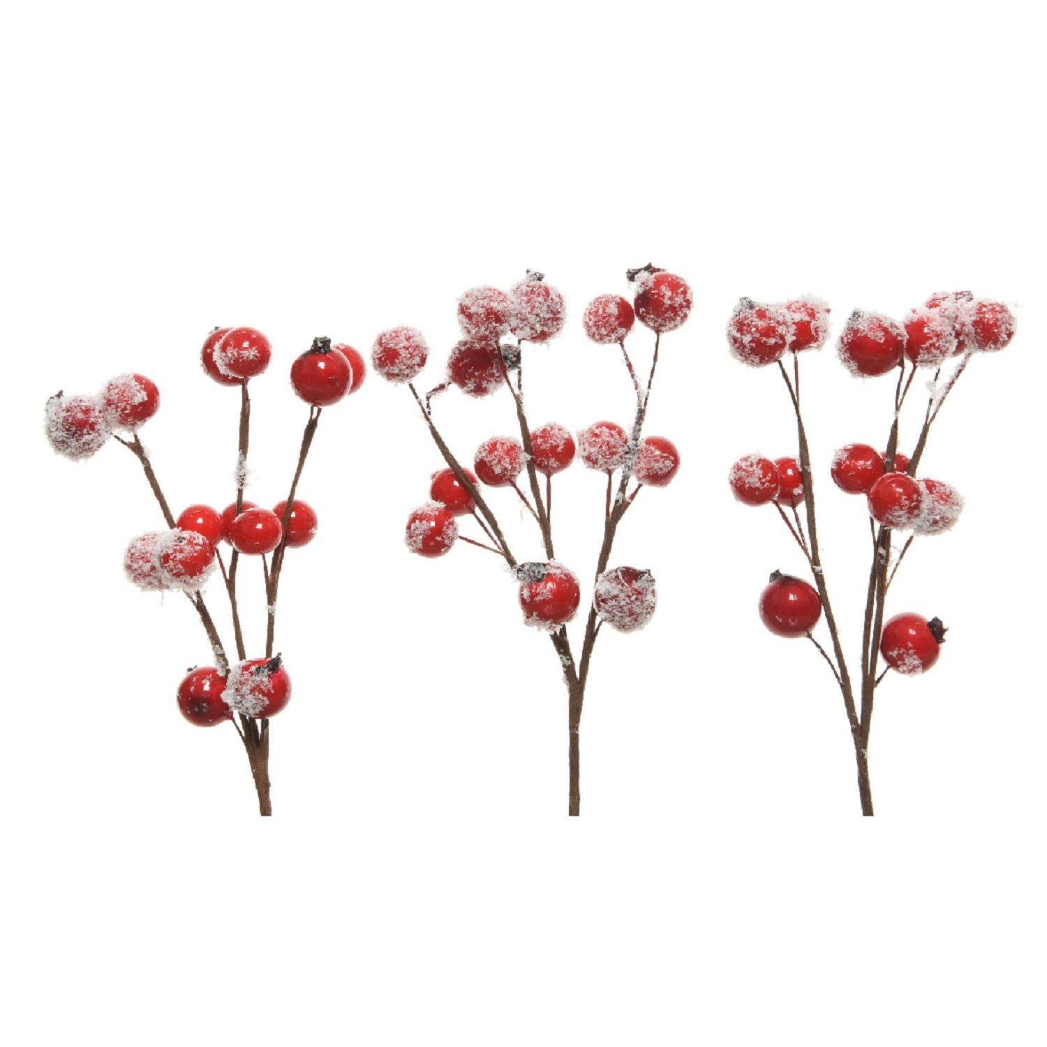 Веточка декоративная  15см с красными заснеженными ягодами 3шт/уп