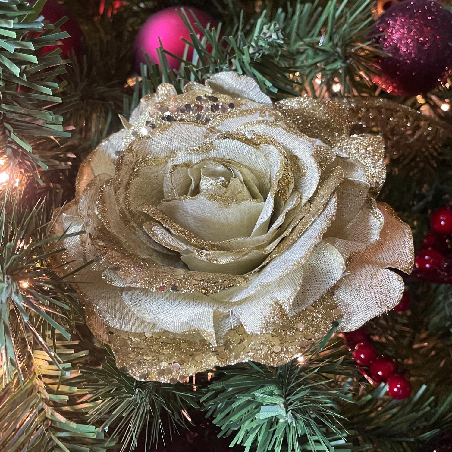 Декор Роза на стебле из шелка золотая с блеском h56см