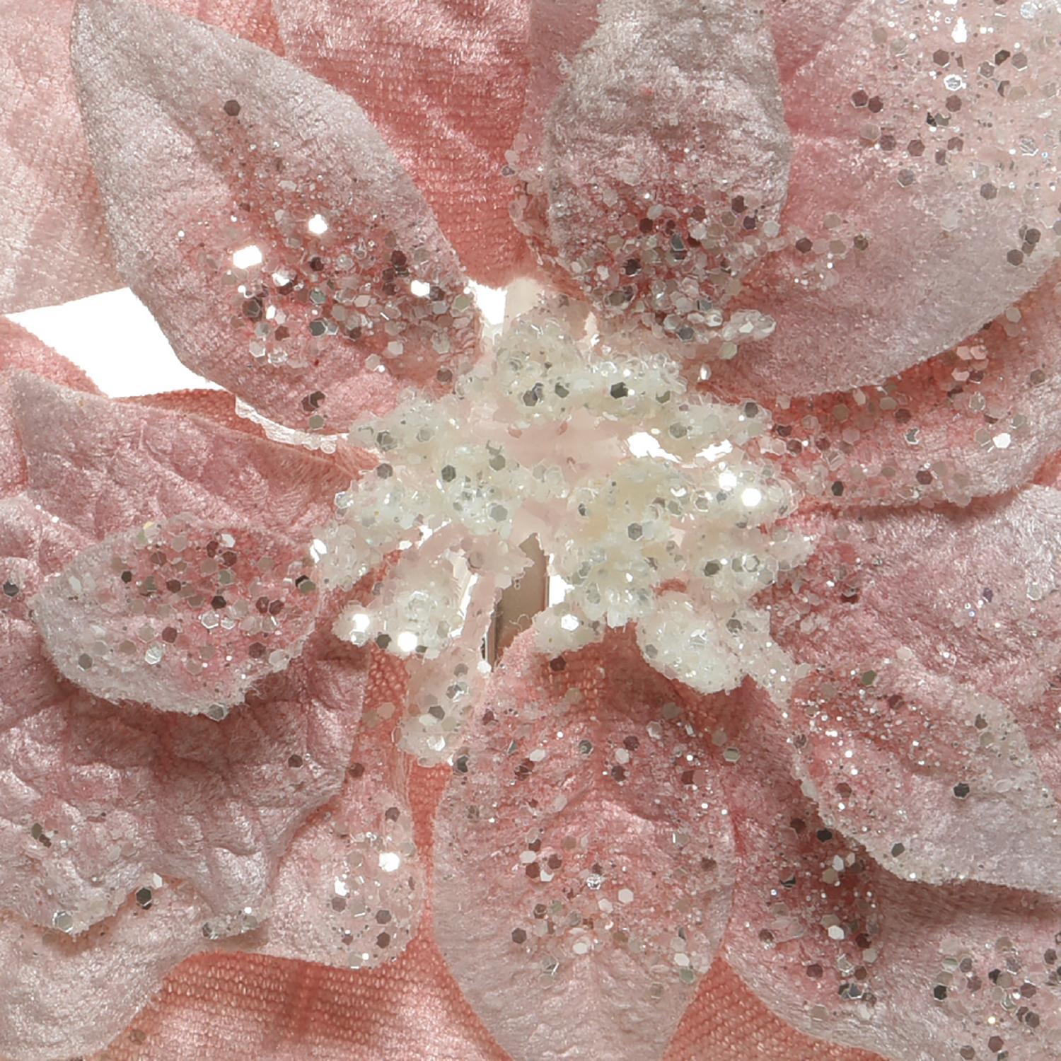 Декор Пуансеттия розовая с блёстками на клипсе d26х7см