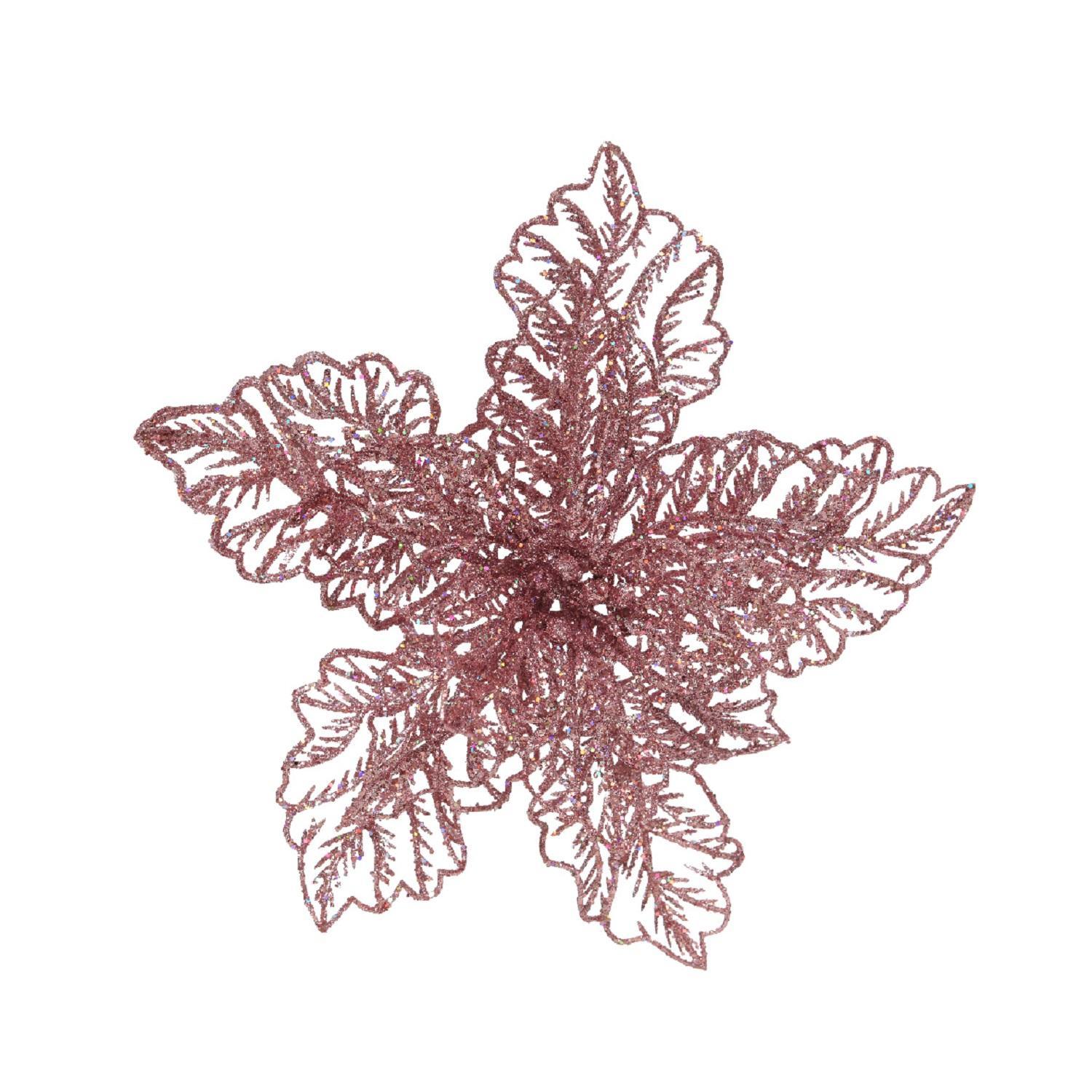 Декор Пуансеттия розовая на клипсе 23см с блеском