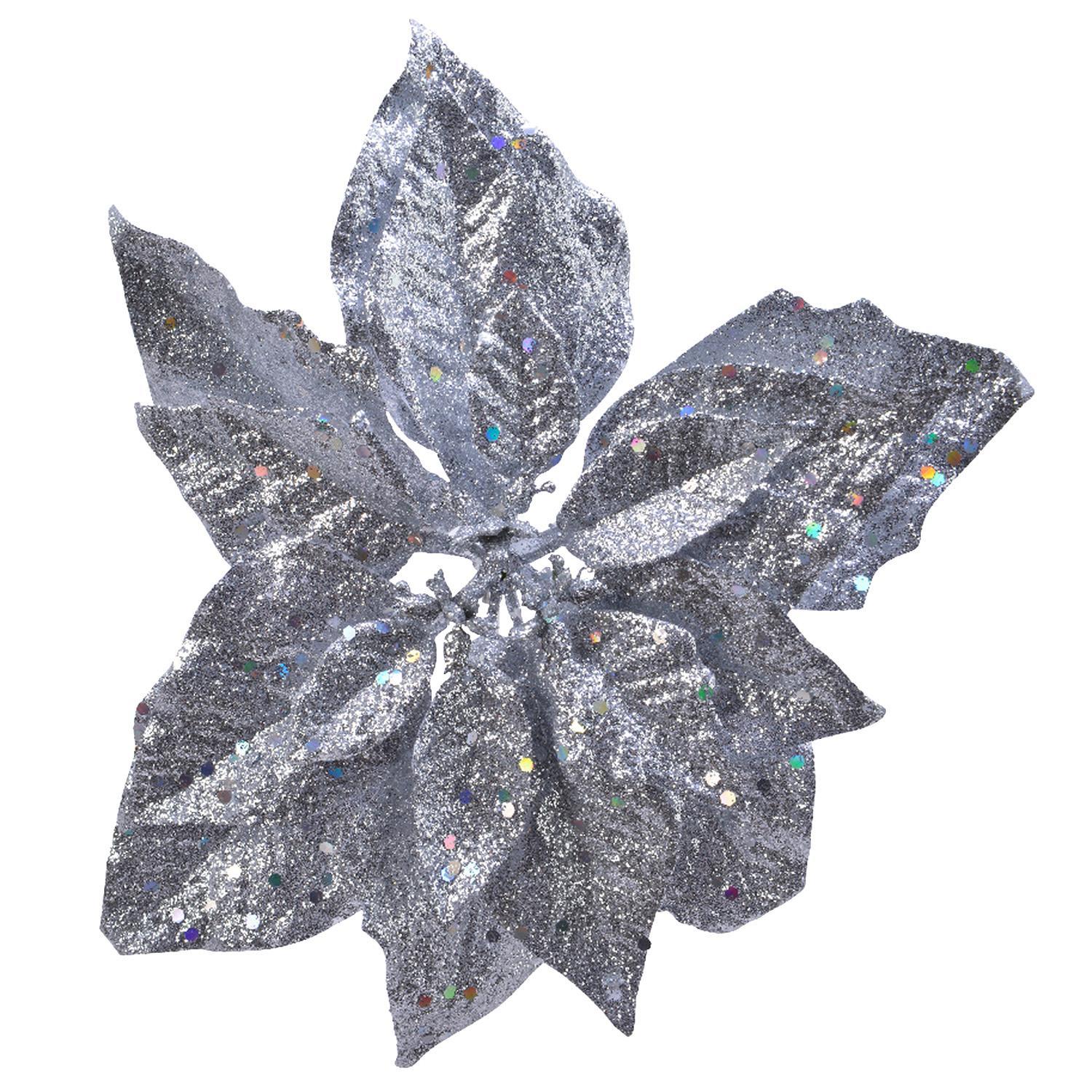 Декор Пуансеттия серебристая с блеском на клипсе 23см