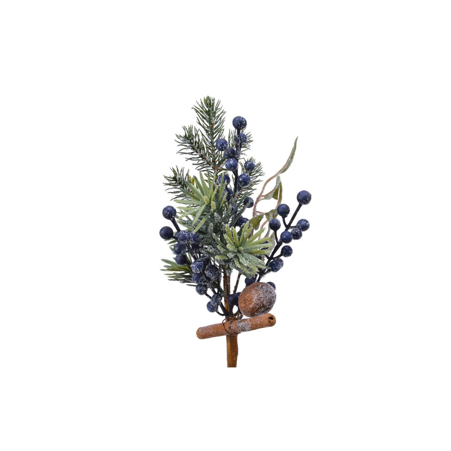 Веточка еловая  31см с синими ягодами палочкой корицы и орехом