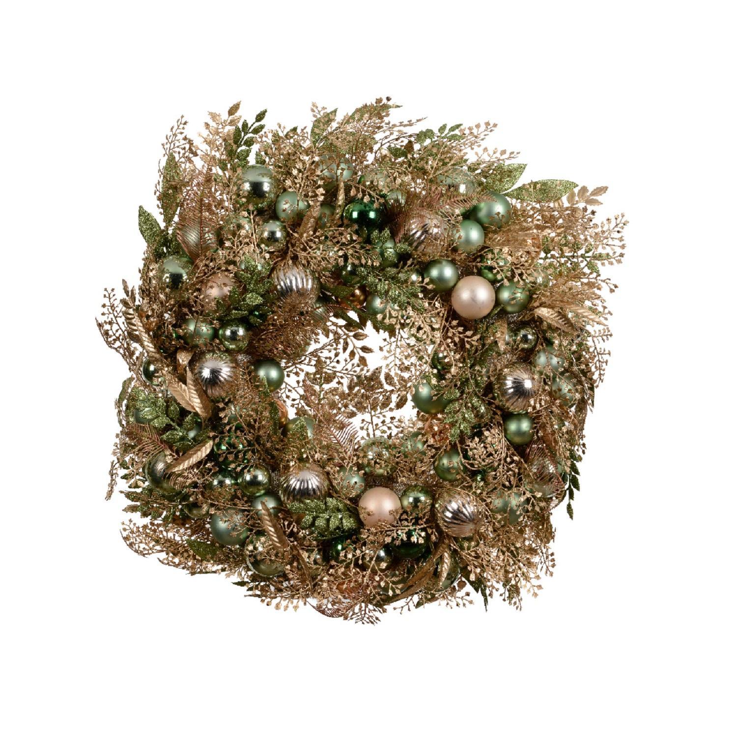 Венок d70см с золотыми и зелеными шарами и веточками