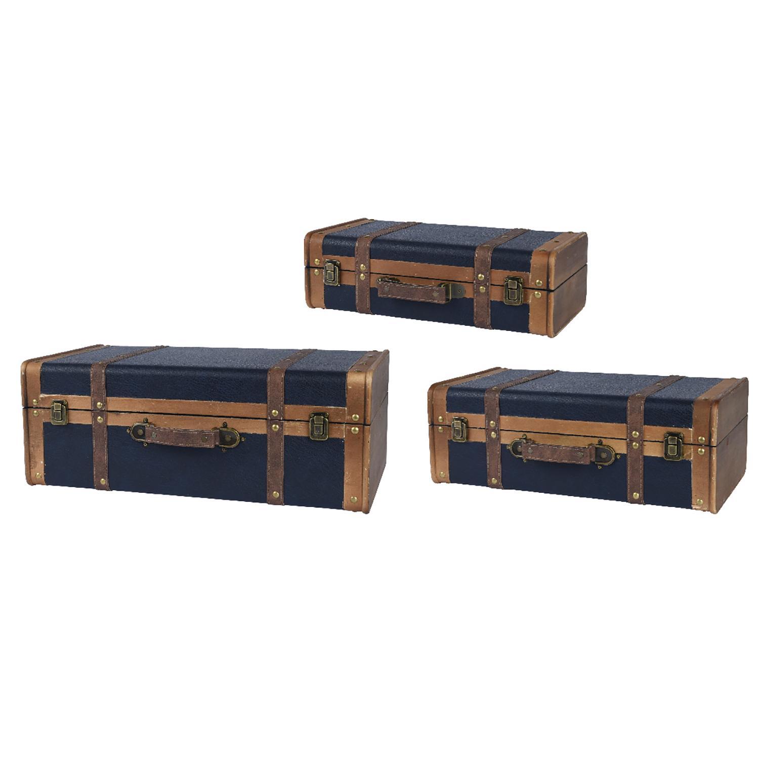 Декорация Чемоданы из искусственной кожи с ремнями-застежками синие 20/25/30х40/46/54х12/16/20см 3шт/уп