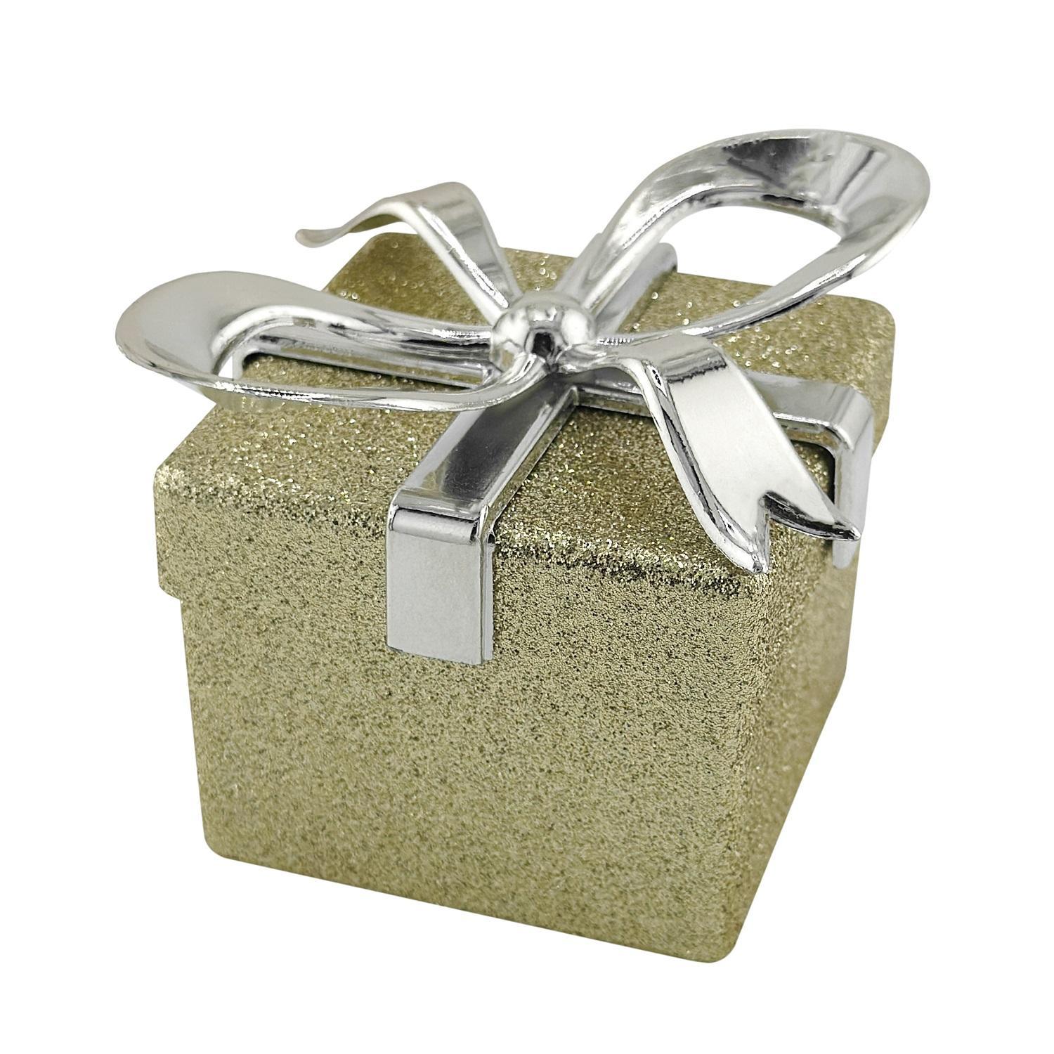 Декор Коробочка Сюрприз золотистая с серебристым бантом квадрат 7х7х6,5см