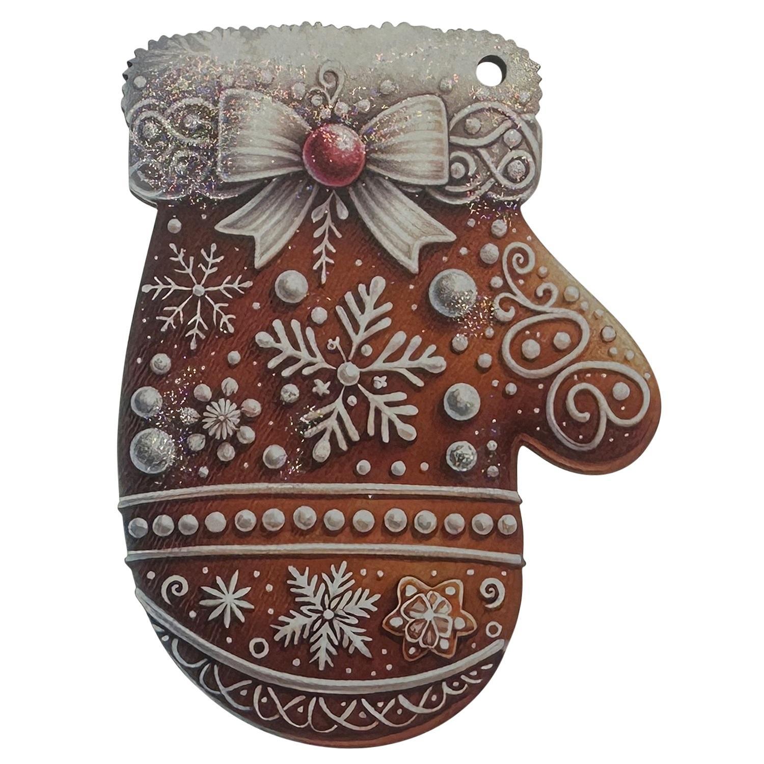 Декор Варежка коричневая с узором бантики/бусины/снежинки 6,5х8,5х0,3см