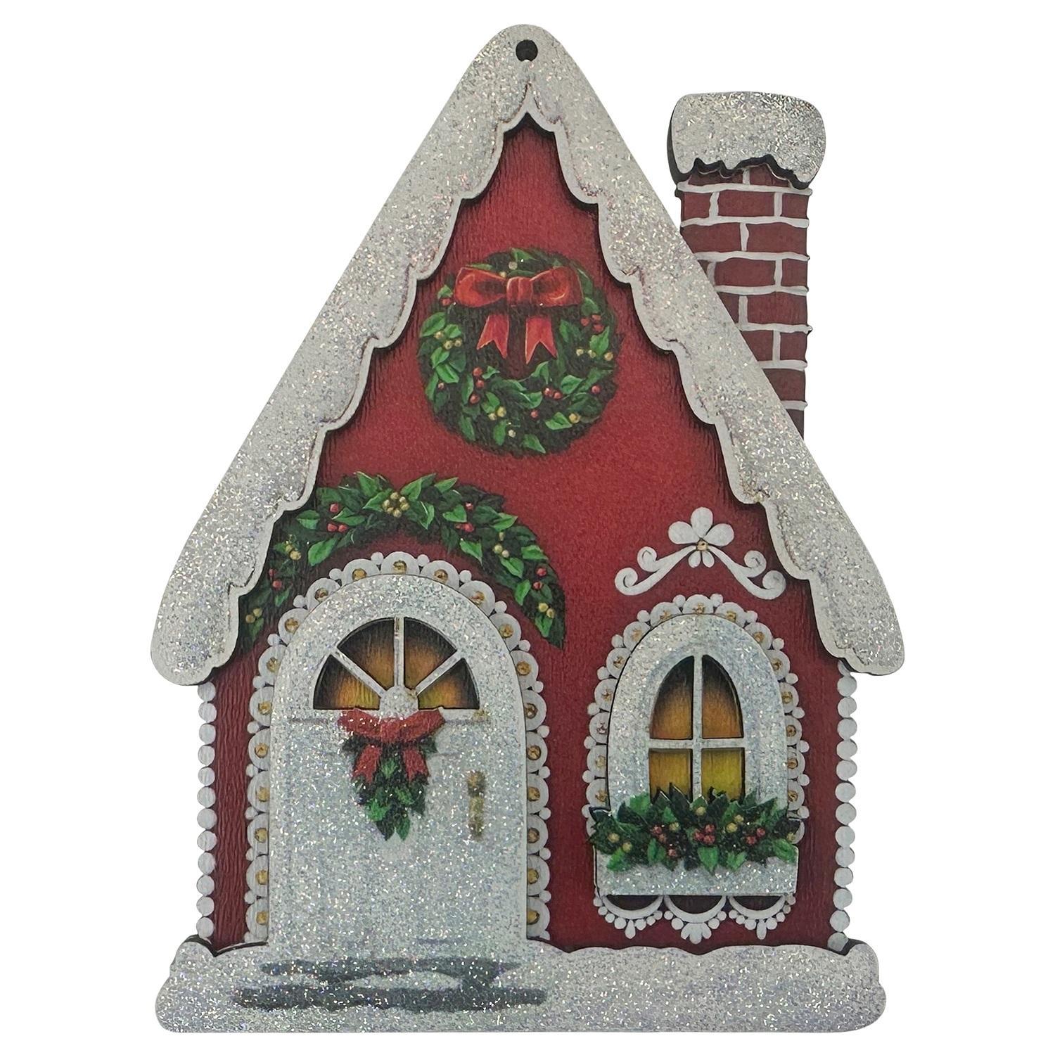 Декор Домик красный с веночком 8,5х11х0,6см