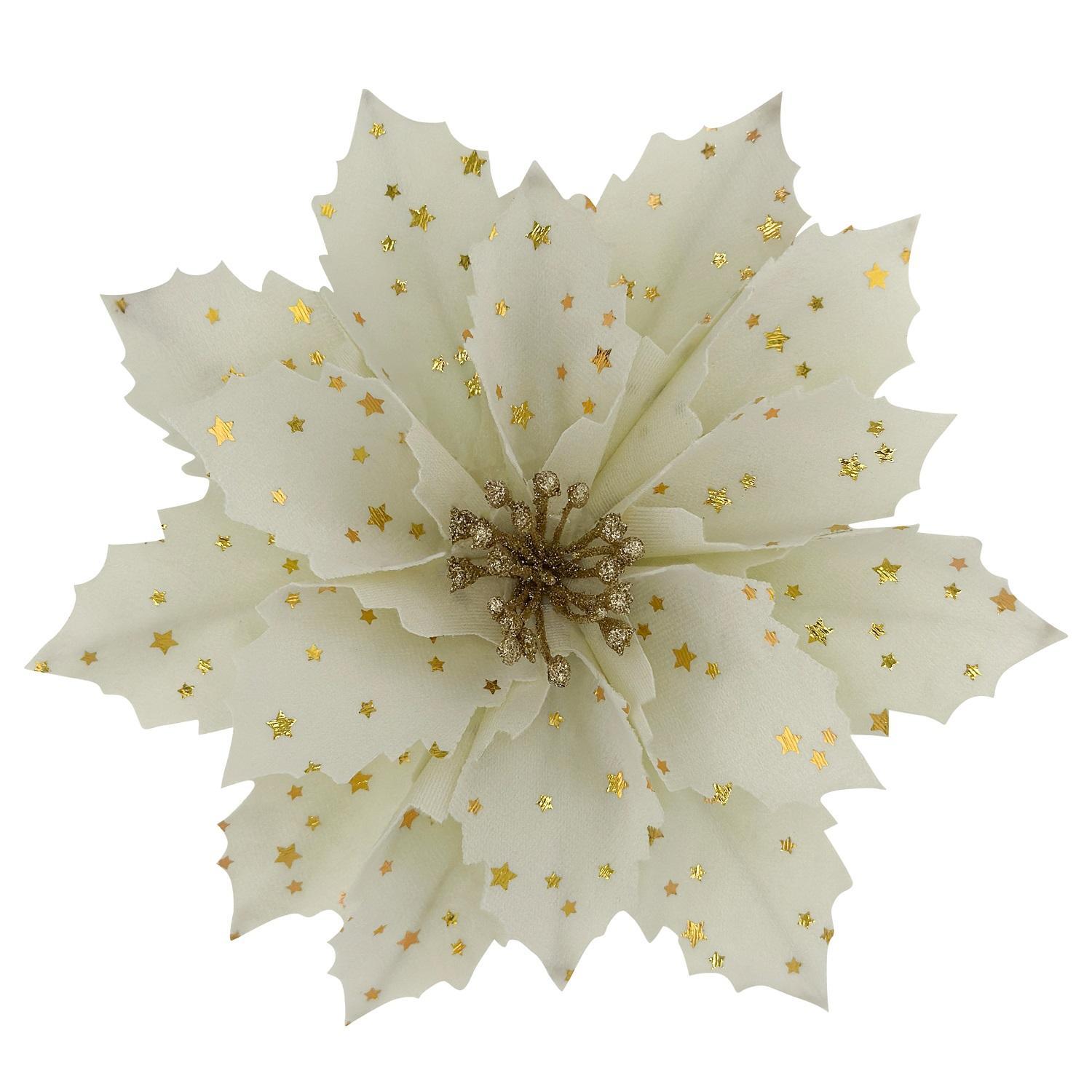 Декор Пуансеттия кремовая со звездами на клипсе 23см