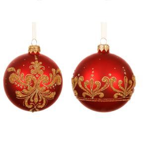 Шар стекло красный с золотыми вензелями d8см 2 в ассорт