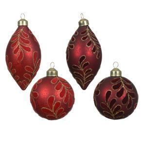 Шар/ Олива стекло красная/бордовая с бархатными листьями d8см 4 в ассорт