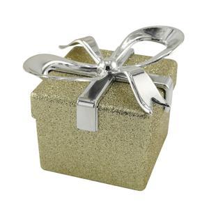 Декор Коробочка Сюрприз золотистая с серебристым бантом квадрат 7х7х6,5см