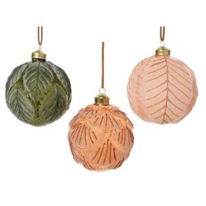 Шар стекло зеленый/бренди/персиковый с гравировкой листьев d8см 3 в ассорт