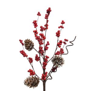 Веточка декоративная 30см с красными ягодами и шишками