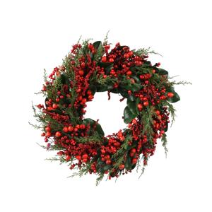 Венок еловый  d60см зеленый с красными ягодами и зелеными листьями