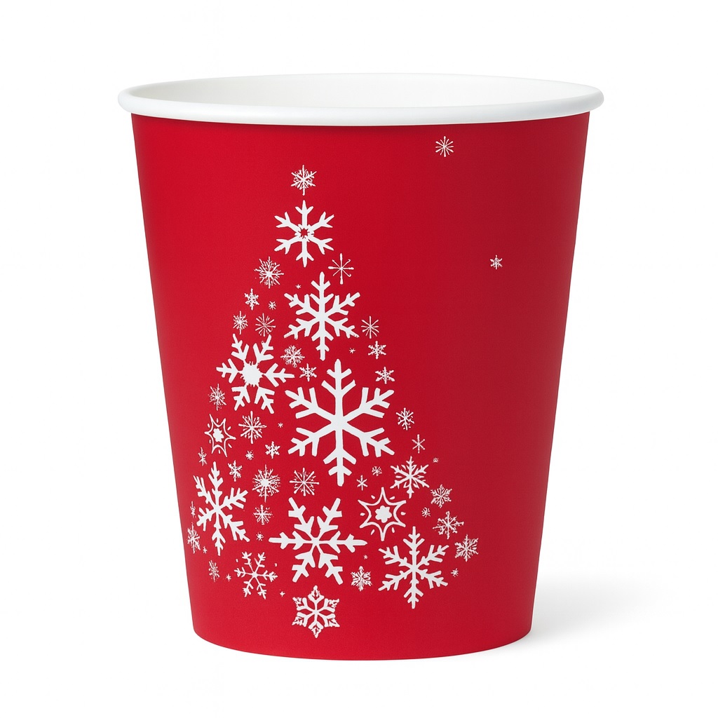 Стакан бумажный 350мл для горячих напитков красный новогодний дизайн 50 шт/уп