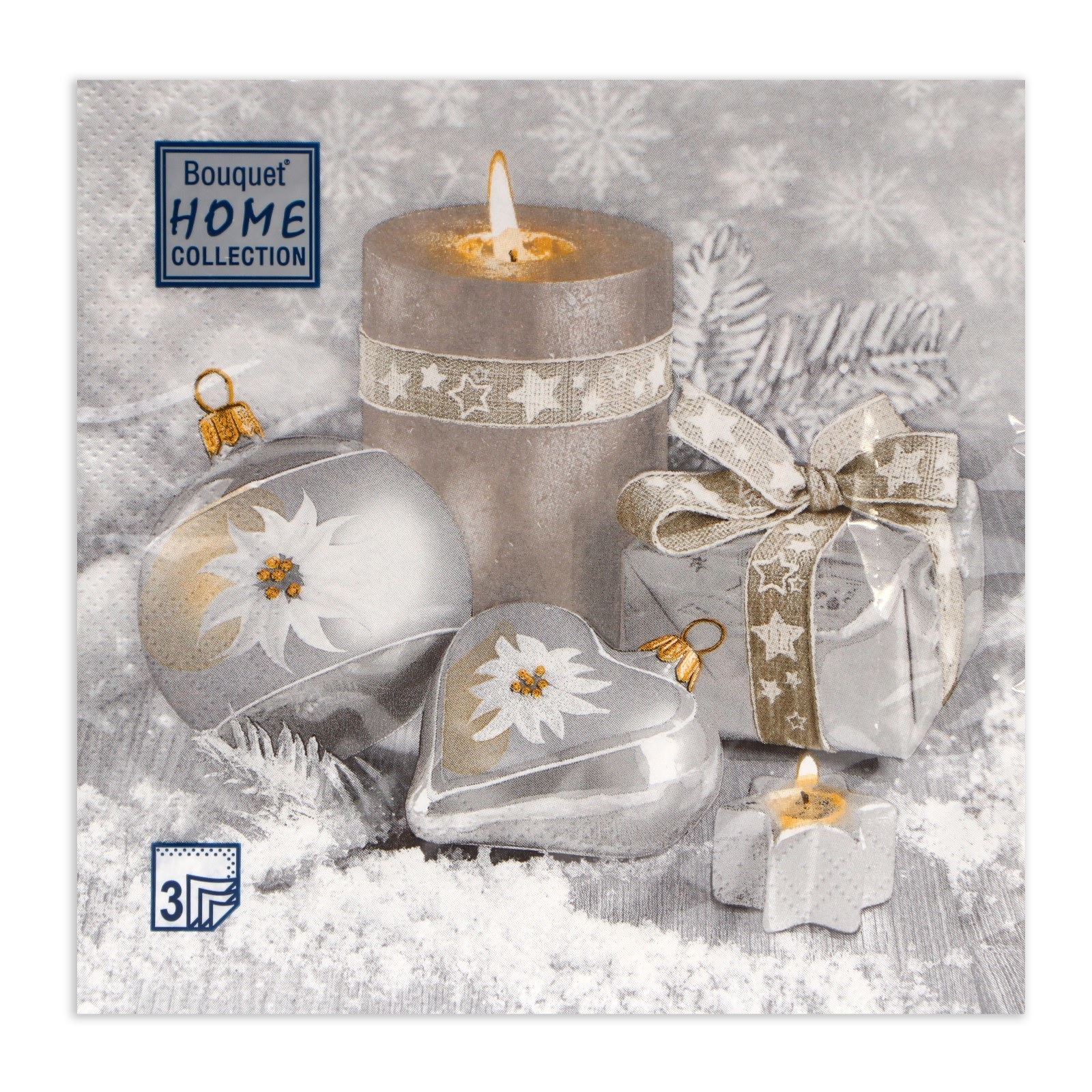 Салфетки  новогодние 33х33см 3 сл 20шт/уп Праздничный натюрморт серебро