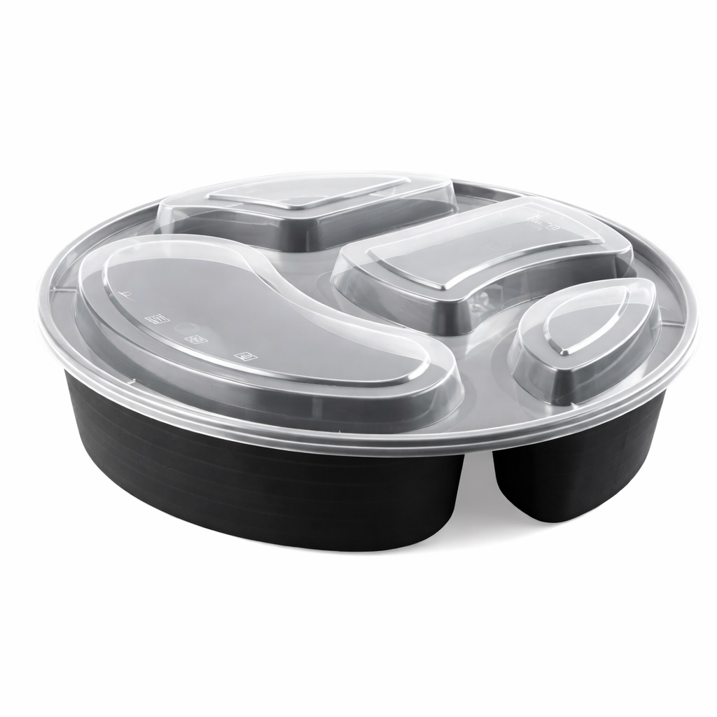 Контейнер пластиковый на  4 секции 1100мл PP черный d22,6см h5,2см  круглый с крышкой