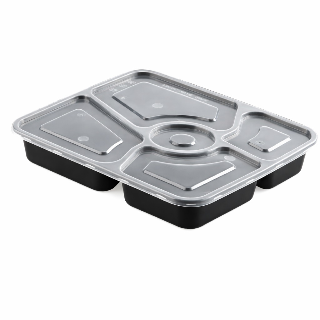 Контейнер пластиковый на  5 секции 1100мл PP черный 23,0х20,0х3,6см прямоугольный с крышкой