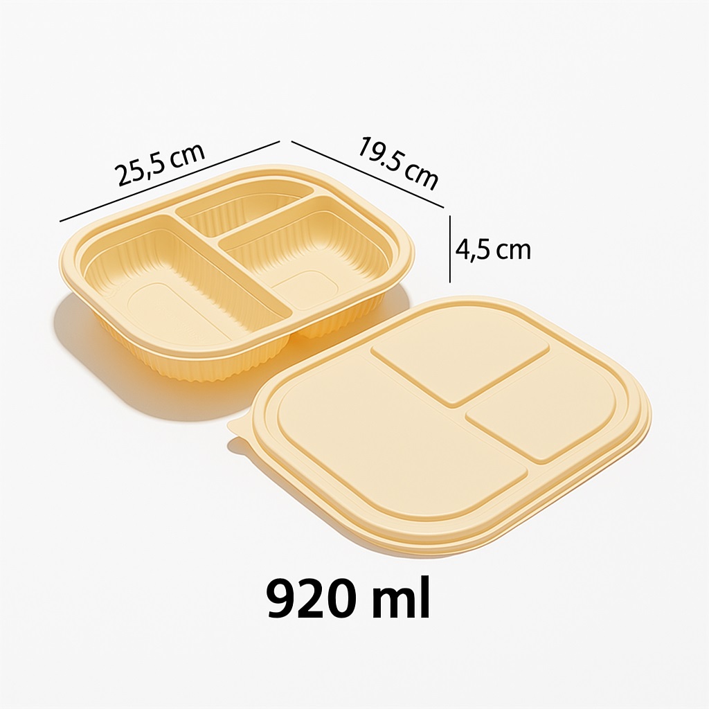 Ланч-бокс 3-секц    25,5х19,5х4,5см 920мл кукурузный крахмал с крышкой