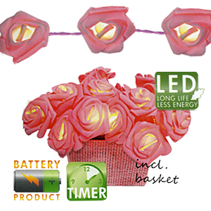 Декорация LED Корзина розовых роз 2,10м кабель розовый 0,5м на батарейках 3хАА 6/18ч таймер 15диодов LED indoor