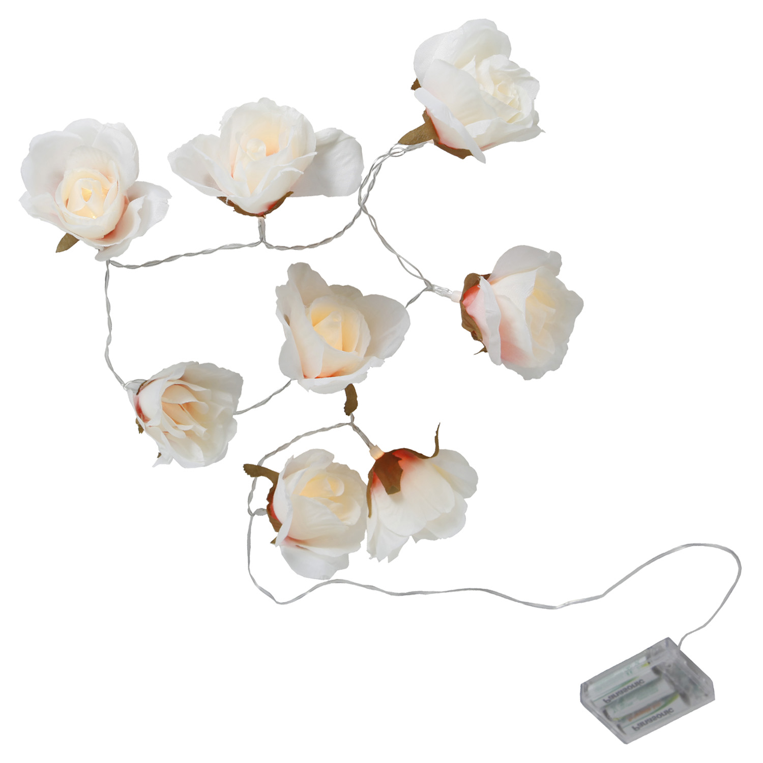 Гирлянда         1,75м теплобелая Розы белые 8х8см кабель прозрачный 0,5м на батарейках 3хАА 6ч таймер 8диодов LED indoor