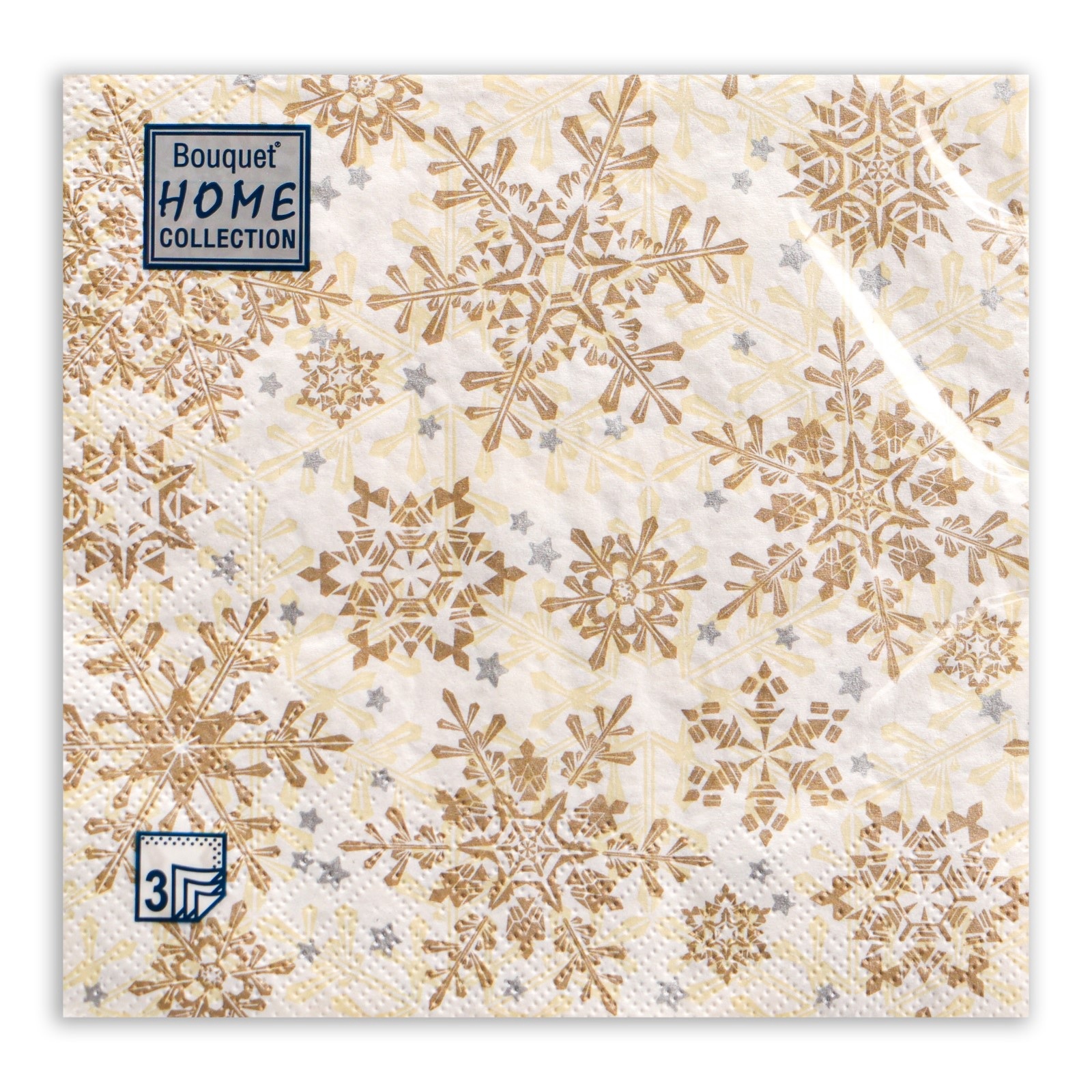 Салфетки  новогодние 33х33см 3 сл 20шт/уп Золотые снежинки на бежевом