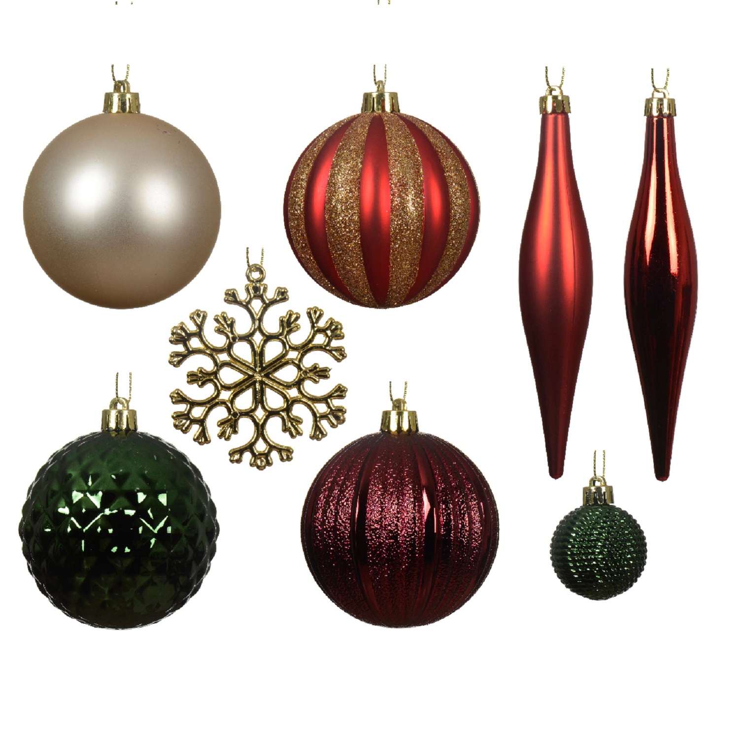 Набор елочных игрушек красные/зеленые/золотистые   фигурки и шары d8см 46шт/уп