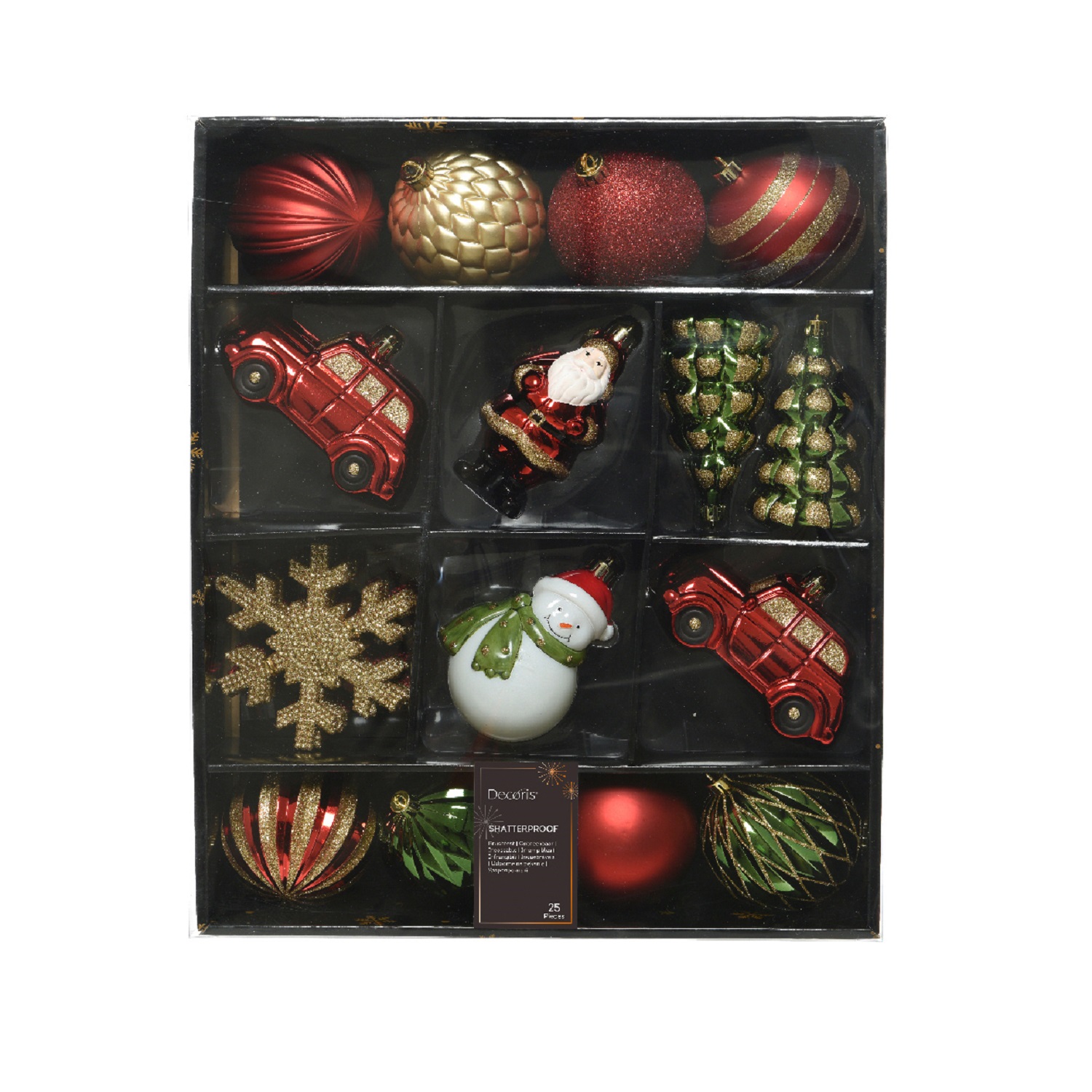 Набор елочных игрушек красные/зеленые/золотистые фигурки и шары 8см 25шт/уп