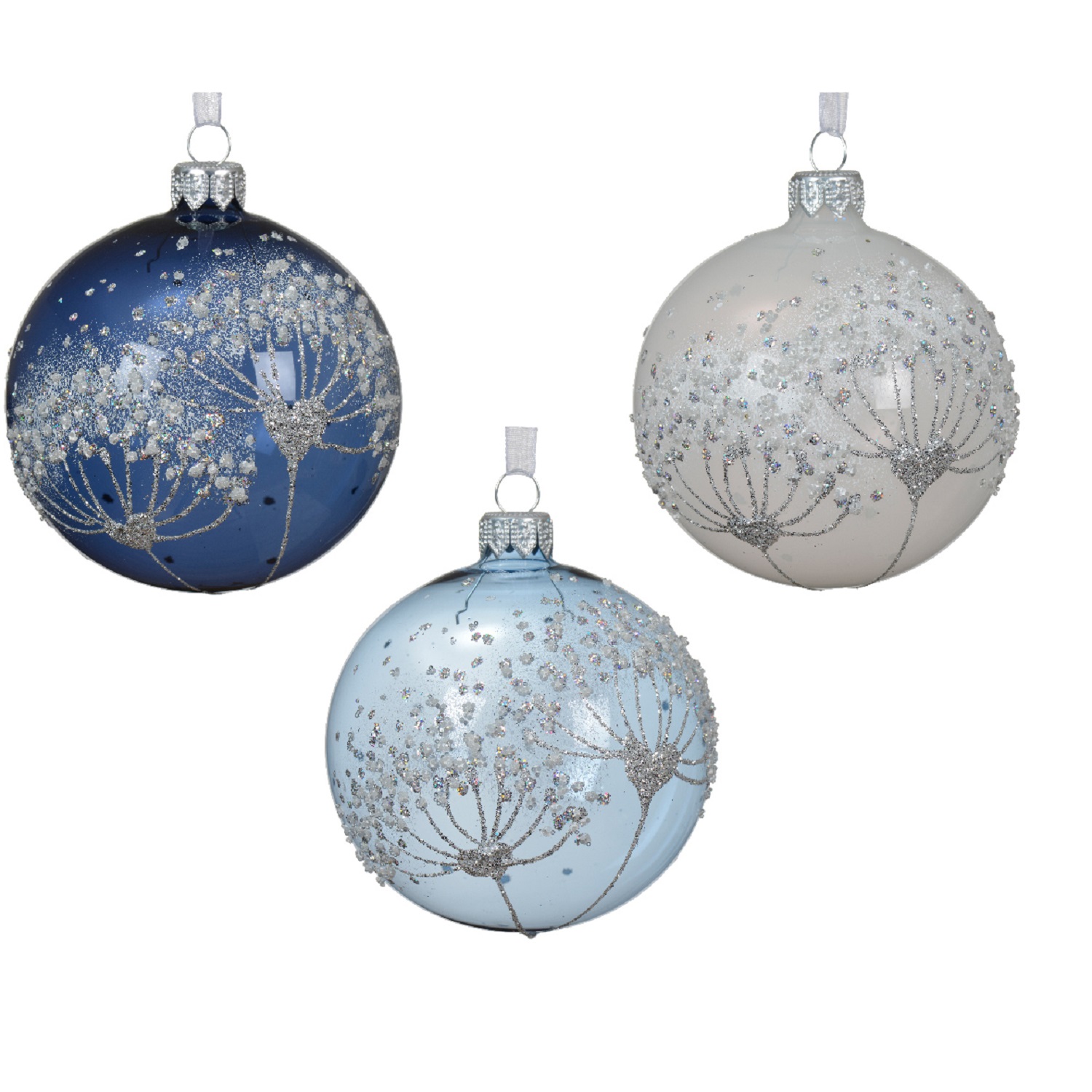 Шар стекло синий/голубой/белый с соцветием d8см 3 в ассорт