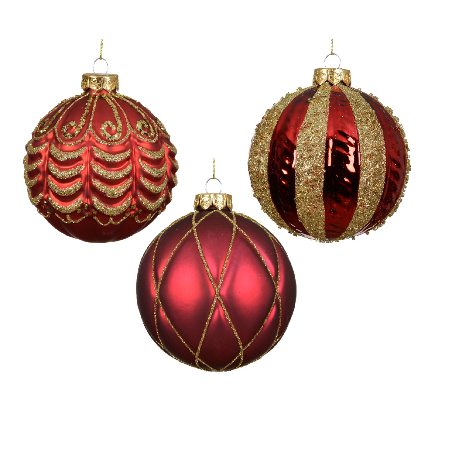 Шар стекло красный/бордовый с золотыми рисунками d10см 3 в ассорт