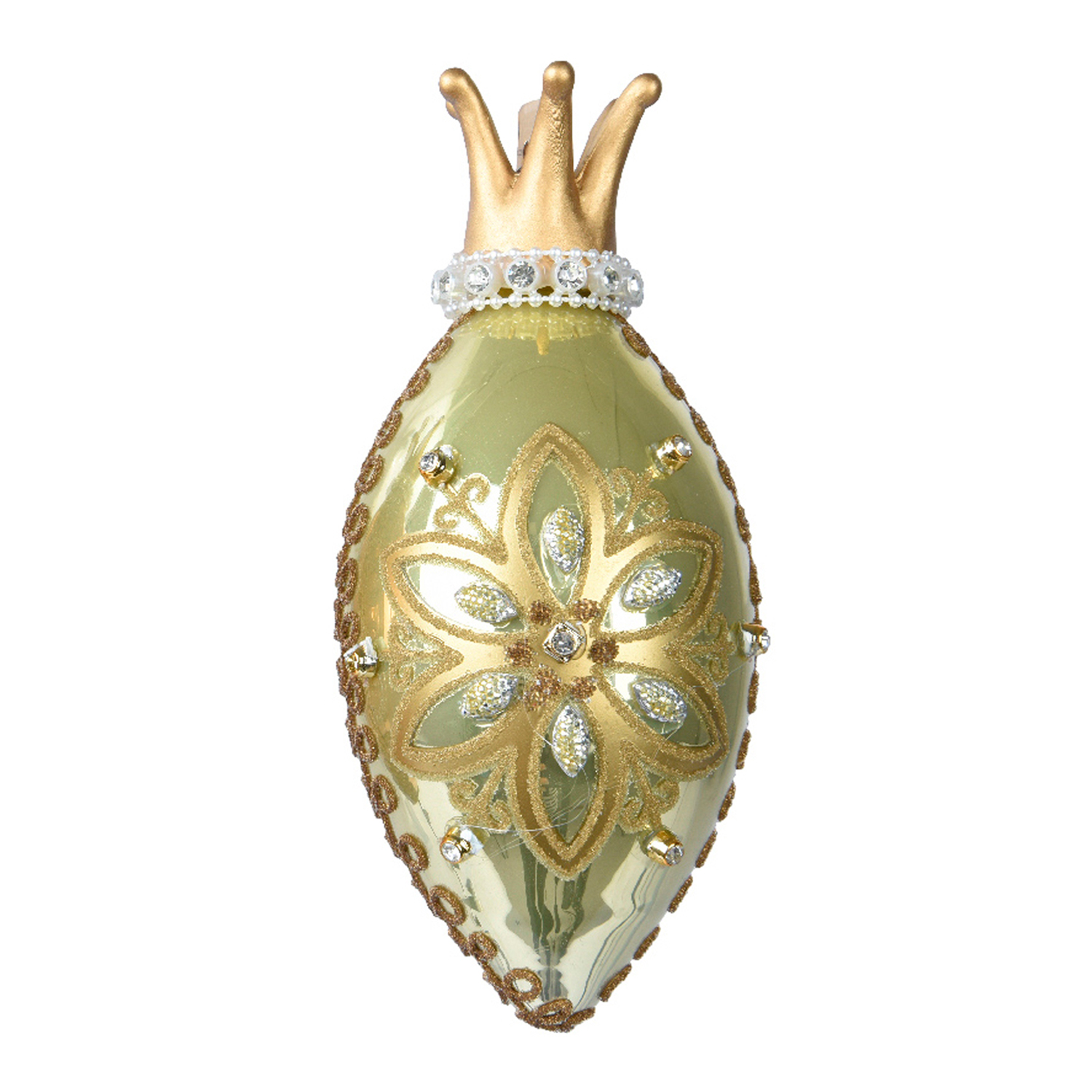 Декор Олива стекло фисташковый эмаль с короной и стразами d8х14см